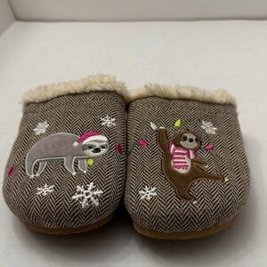 Lands' End Brown Slippers with Sloth Embroidery